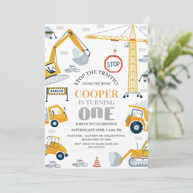 Modern Yellow Gray Construction 1st Birthday  Invitation (Standing Front)