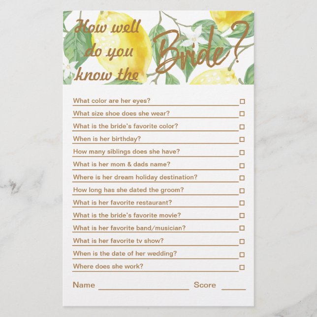 Modern Yellow Green Lemon Bridal Shower Game (Front)