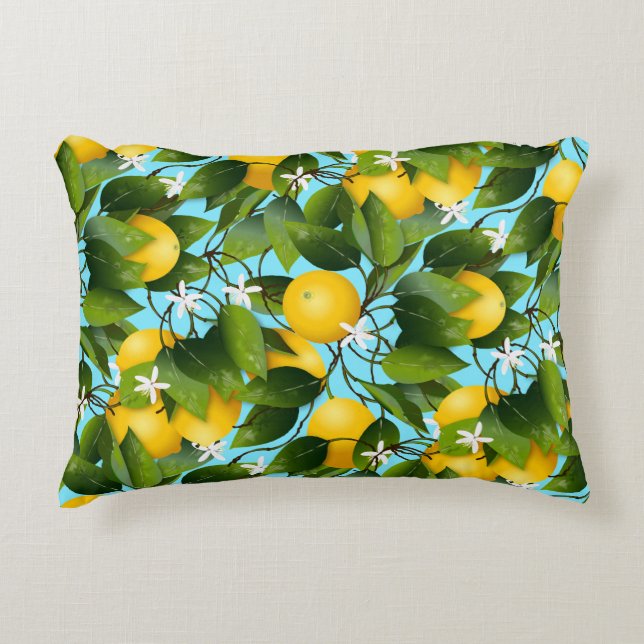 Modern Yellow & Green Lemon Fruit Print Decorative Cushion (Front)