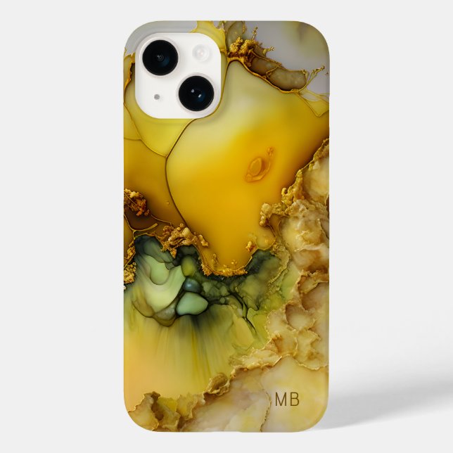 Modern Yellow Green Marble Monogram Personalised Case-Mate iPhone Case (Back)