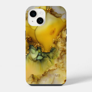Modern Yellow Green Marble Monogram Personalised iPhone 14 Case