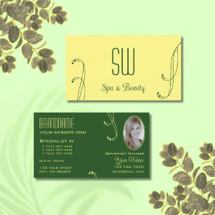 Modern Yellow Green Ornate with Monogram and Photo Business Card