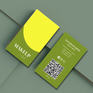 Modern Yellow & Green QR Code Makeup Artist Business Card