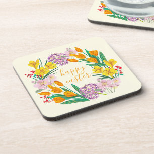 Modern yellow & green spring flowers happy easter  coaster