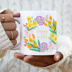 Modern yellow & green spring flowers happy easter coffee mug