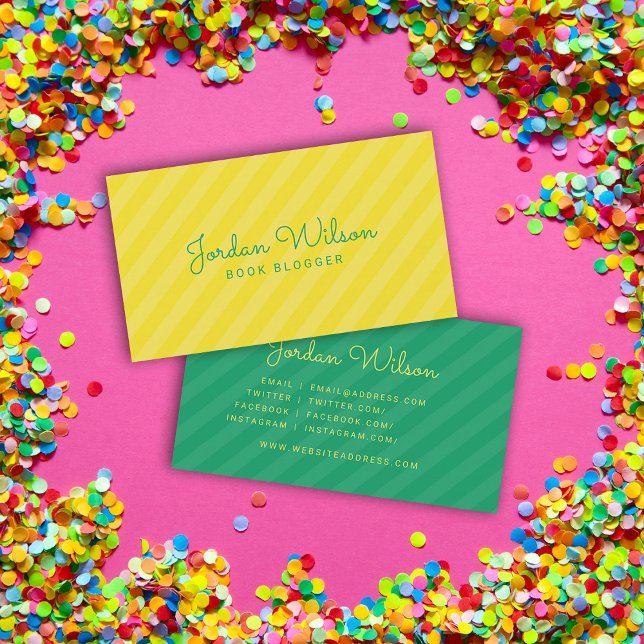 Modern Yellow & Green Stripes Blogger Social Media Business Card (Creator Uploaded)
