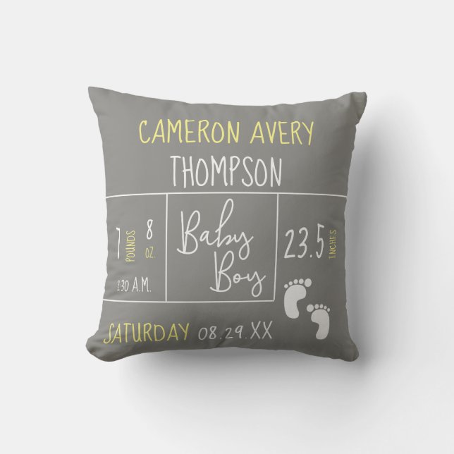 Modern Yellow Grey Baby Boy photo Birth Cushion (Front)