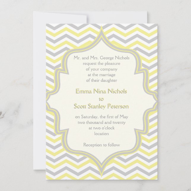 Modern yellow grey chevron zigzag wedding invitation (Front)