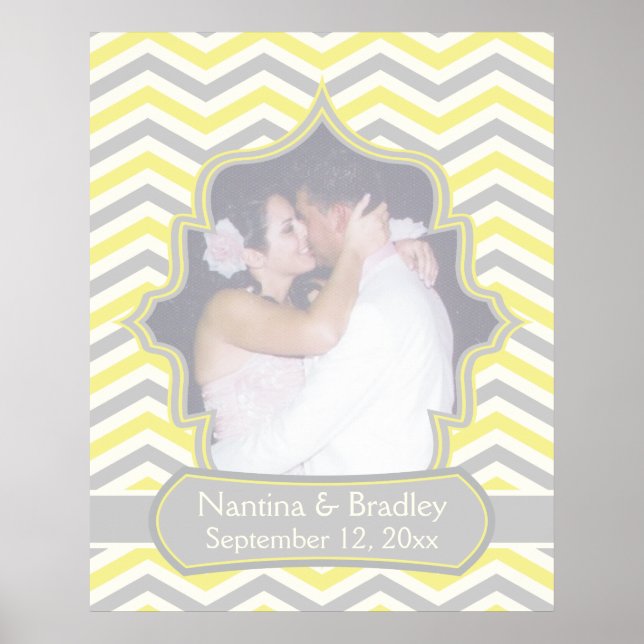 Modern yellow grey chevron zigzag wedding poster (Front)