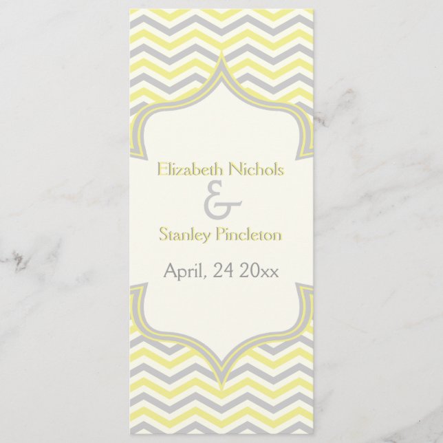 Modern yellow grey chevron zigzag wedding program programme (Front)