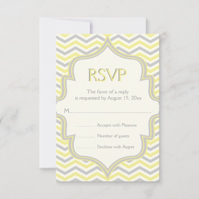 Modern yellow grey chevron zigzag wedding RSVP (Front)