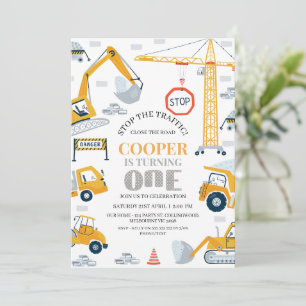 Modern Yellow Grey Construction 1st Birthday  Invitation
