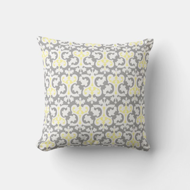 Modern Yellow Grey Damask Look Cushion (Front)