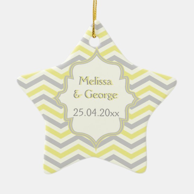 Modern yellow, grey, ivory chevron pattern custom ceramic tree decoration (Front)