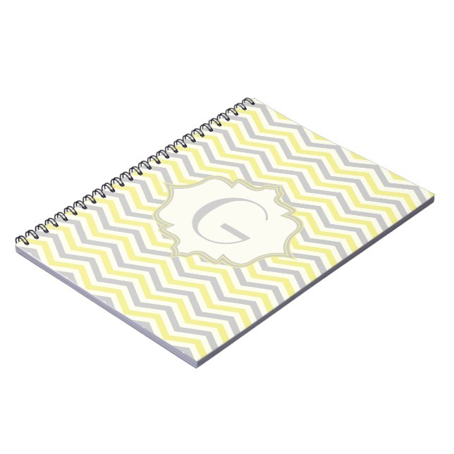 Modern yellow, grey, ivory chevron pattern custom spiral notebook (Left Side)