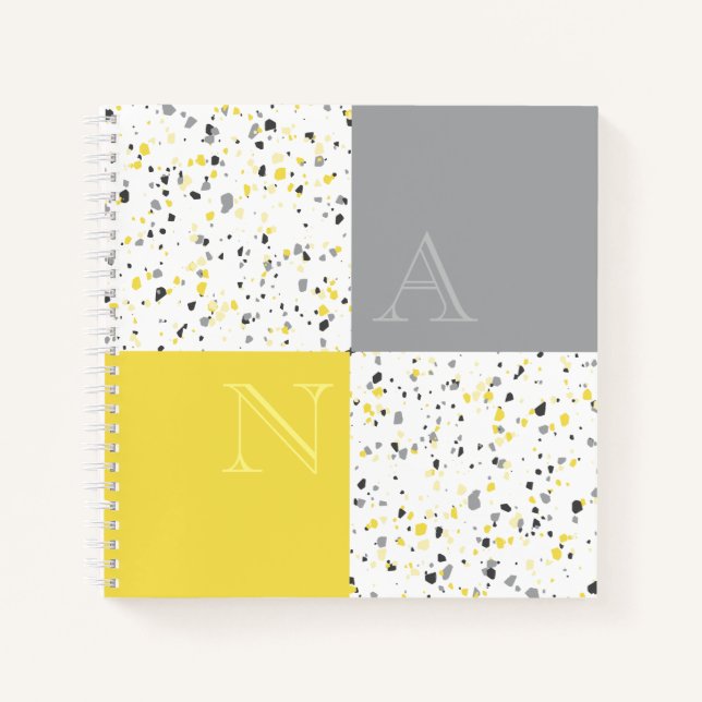 Modern Yellow Grey Monogram Terrazzo Notebook (Front)