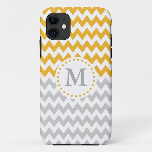 Modern Yellow Grey Monogrammed Chevron Case-Mate iPhone Case (Back)