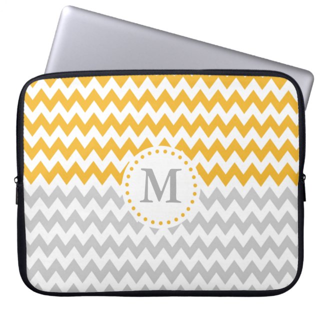 Modern Yellow Grey Monogrammed Chevron Laptop Sleeve (Front)