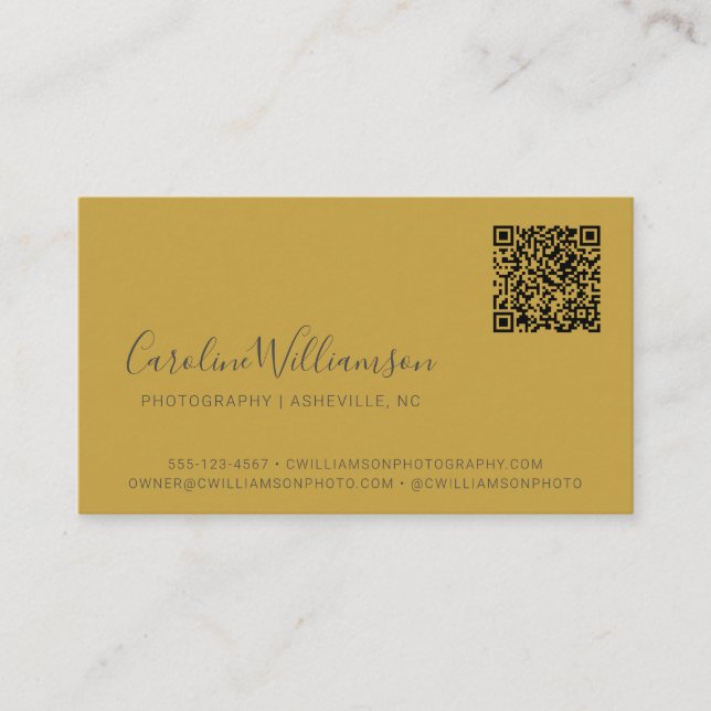 Modern Yellow Grey Script Photo QR Code Custom Business Card (Front)