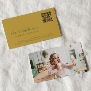 Modern Yellow Grey Script Photo QR Code Custom Business Card