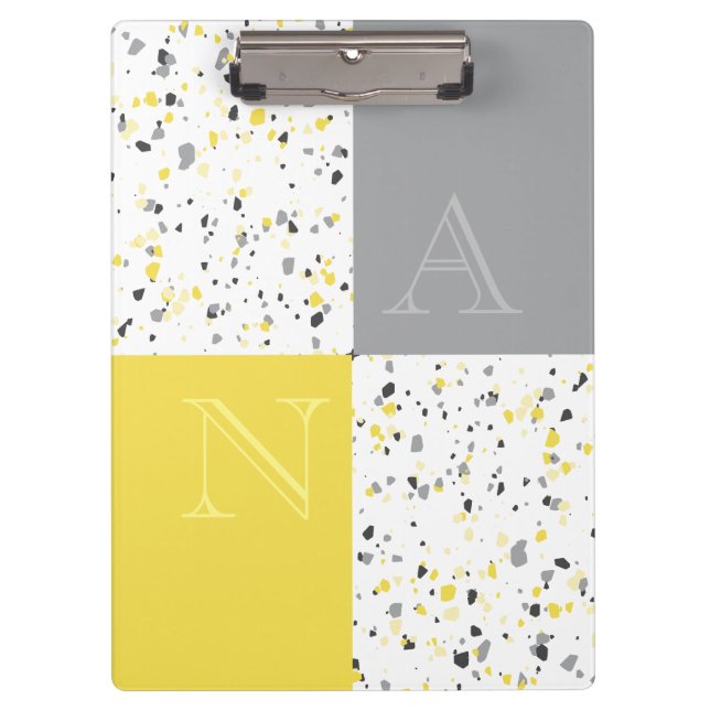 Modern Yellow Grey Terrazzo Monogrammed Clipboard (Front)