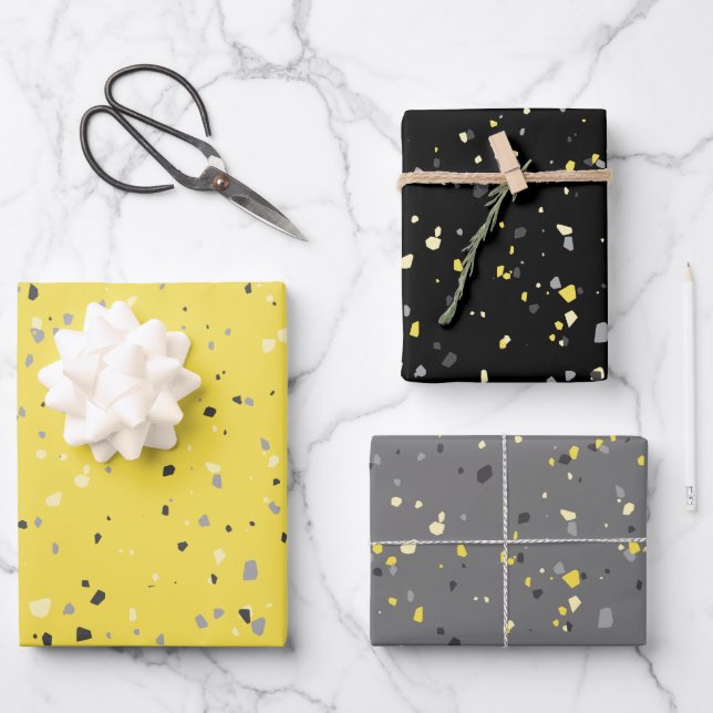Modern Yellow Grey Terrazzo Pattern Wrapping Paper Sheet (Front)
