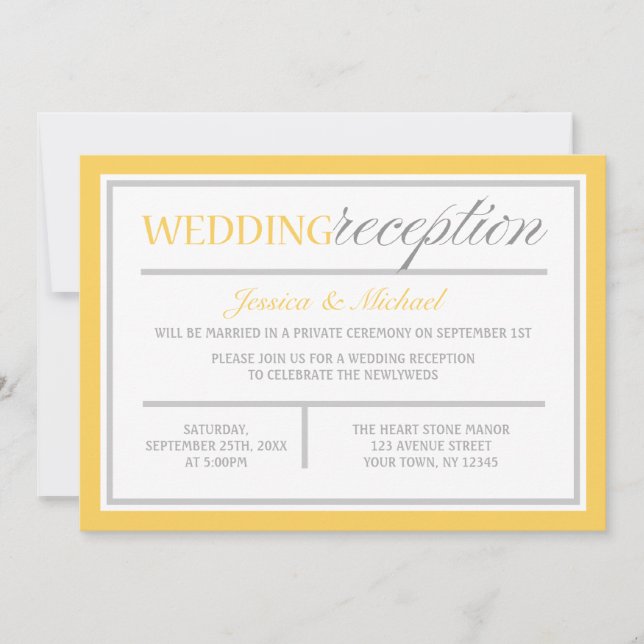 Modern Yellow & Grey Wedding Reception Invitations (Front)
