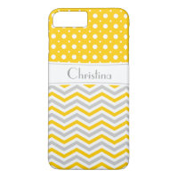 Modern yellow, grey, white chevron & polka dot