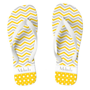 Modern yellow, grey, white chevron & polka dot jandals