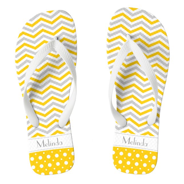 Modern yellow, grey, white chevron & polka dot jandals (Footbed)