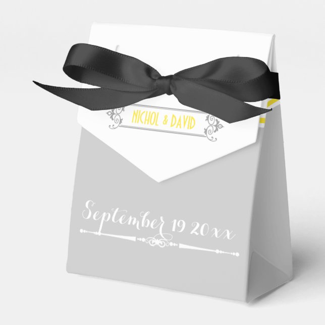 Modern yellow, grey, white vintage wedding favour box (Front Side)