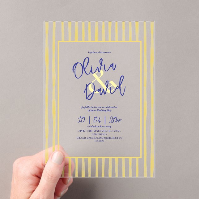 Modern Yellow Hand Written Pinstripe Italy Wedding Acrylic Invitations (Insitu (Handheld))