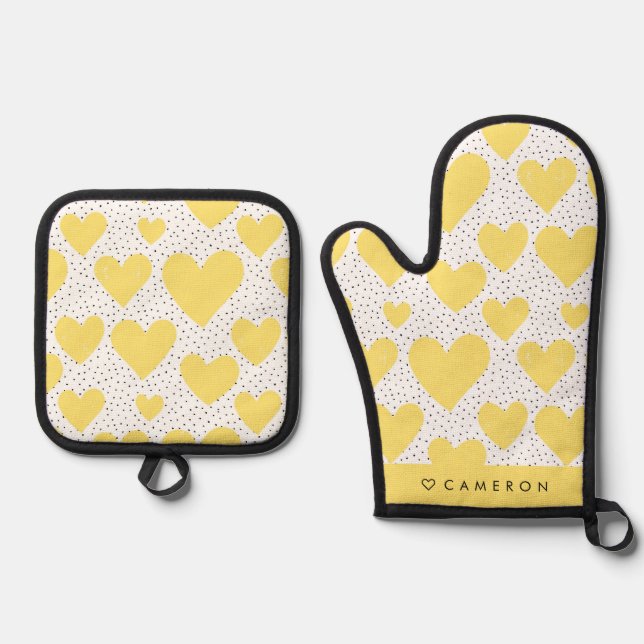 Modern Yellow Heart Pattern Personalised Oven Mitt & Pot Holder Set (Front)