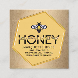 Modern Yellow Hexagon Gold Border Bee Honey Apiary Square Business Card