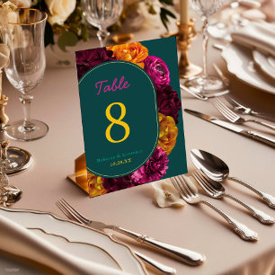 Modern yellow hot pink green floral wedding  table number