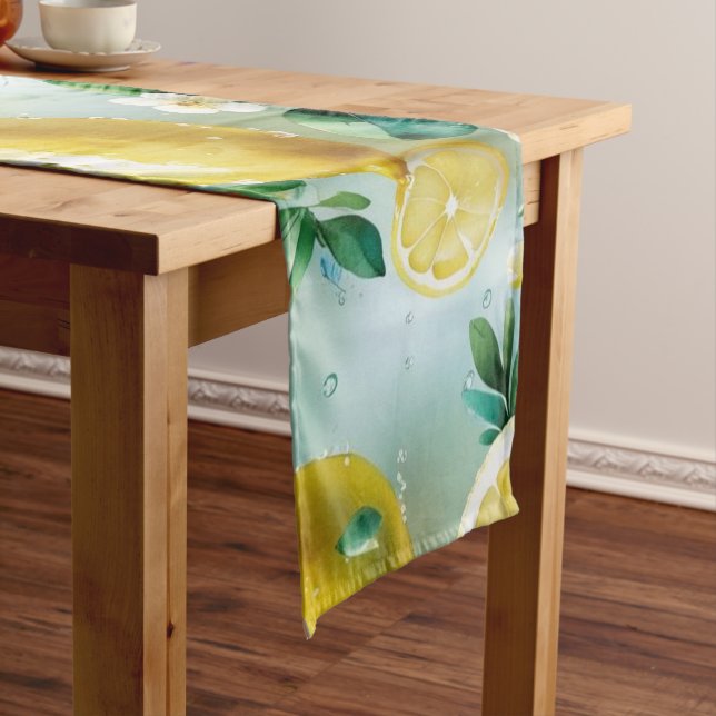 Modern yellow lemon floral script bridal shower short table runner (In Situ)