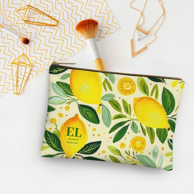Modern Yellow Lemon Print Personalised Accessory Pouch (Modern Yellow Lemon Print Personalized Accessory Pouch)
