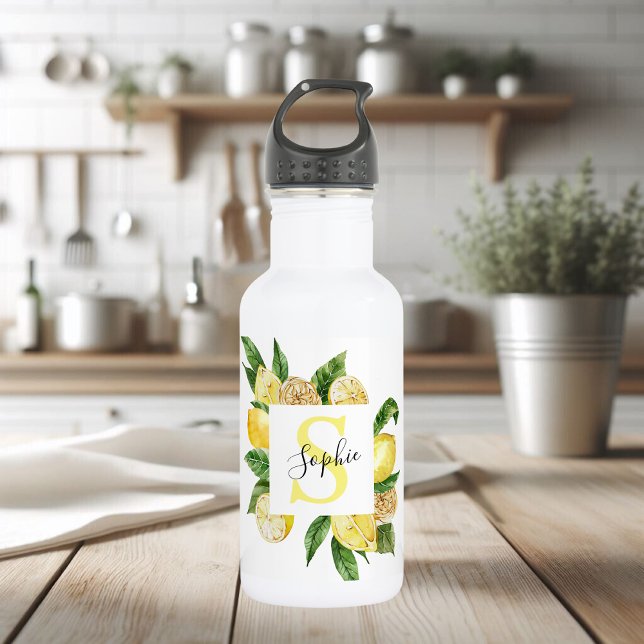 Modern Yellow Lemons Frame & Leaves With Name 532 Ml Water Bottle (Creator Uploaded)