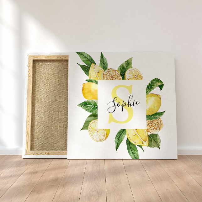 Modern Yellow Lemons Frame & Leaves With Name Canvas Print (Creator Uploaded)