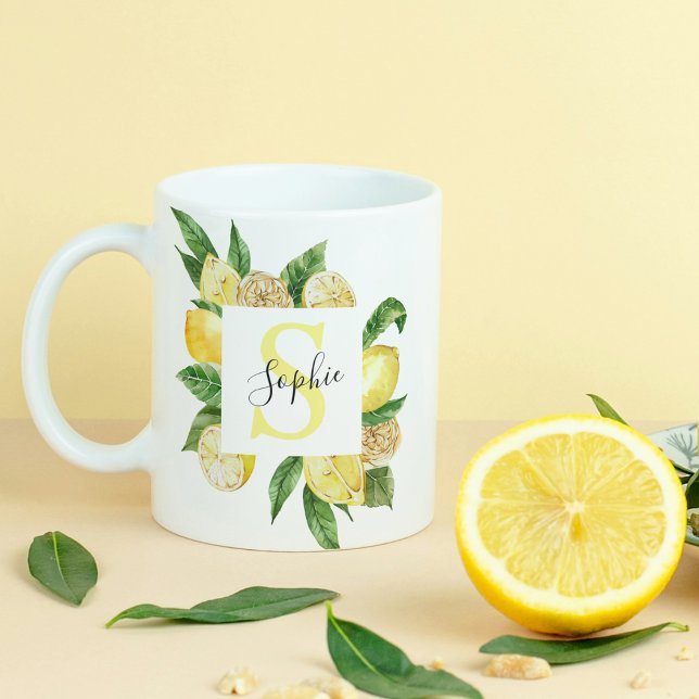 Modern Yellow Lemons Frame & Leaves With Name Coffee Mug (Creator Uploaded)