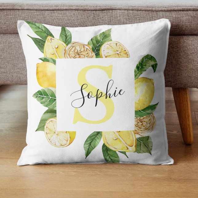 Modern Yellow Lemons Frame & Leaves With Name Cushion (Creator Uploaded)