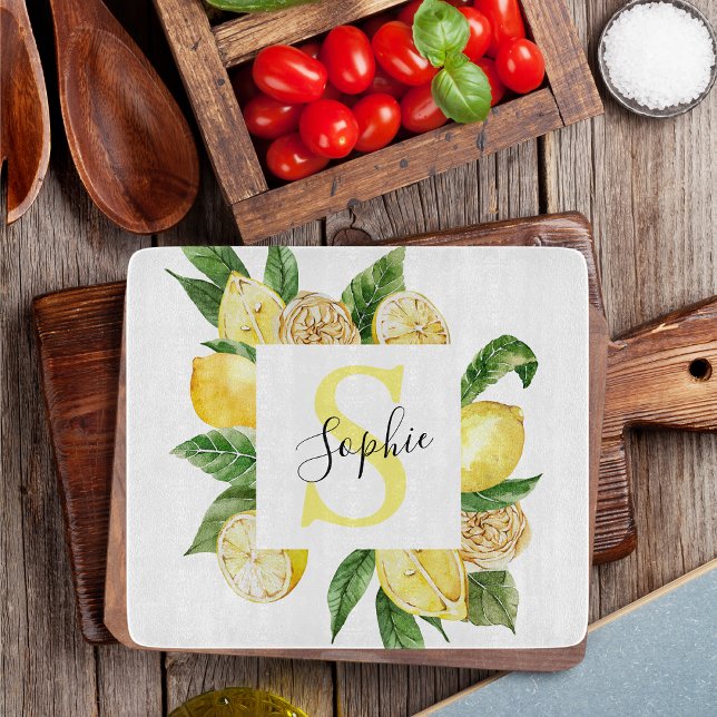Modern Yellow Lemons Frame & Leaves With Name Cutting Board (Creator Uploaded)