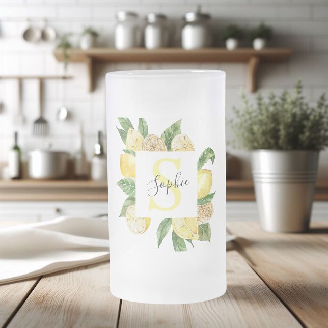 Modern Yellow Lemons Frame & Leaves With Name Frosted Glass Beer Mug (Creator Uploaded)