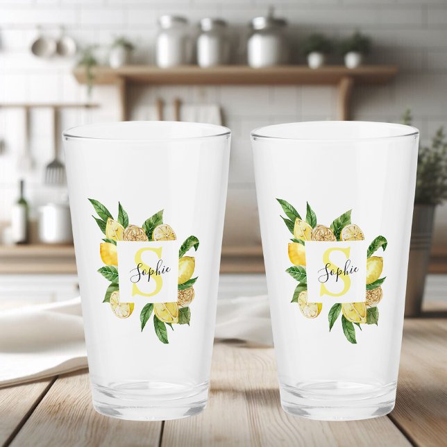 Modern Yellow Lemons Frame & Leaves With Name Glass (Creator Uploaded)