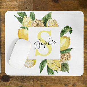Modern Yellow Lemons Frame & Leaves With Name Mouse Pad