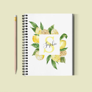 Modern Yellow Lemons Frame & Leaves With Name Notebook