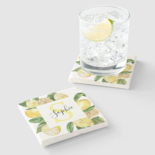 Modern Yellow Lemons Frame & Leaves With Name Stone Coaster