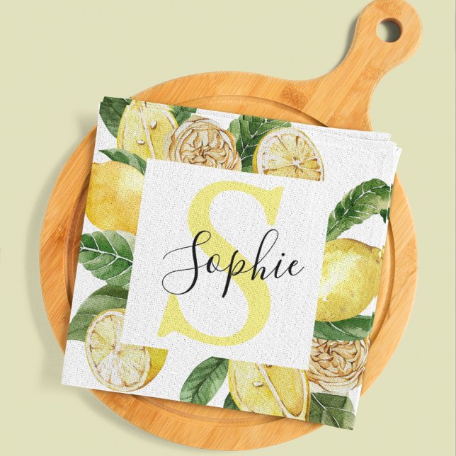 Modern Yellow Lemons Frame & Leaves With Name Tea Towel (Creator Uploaded)