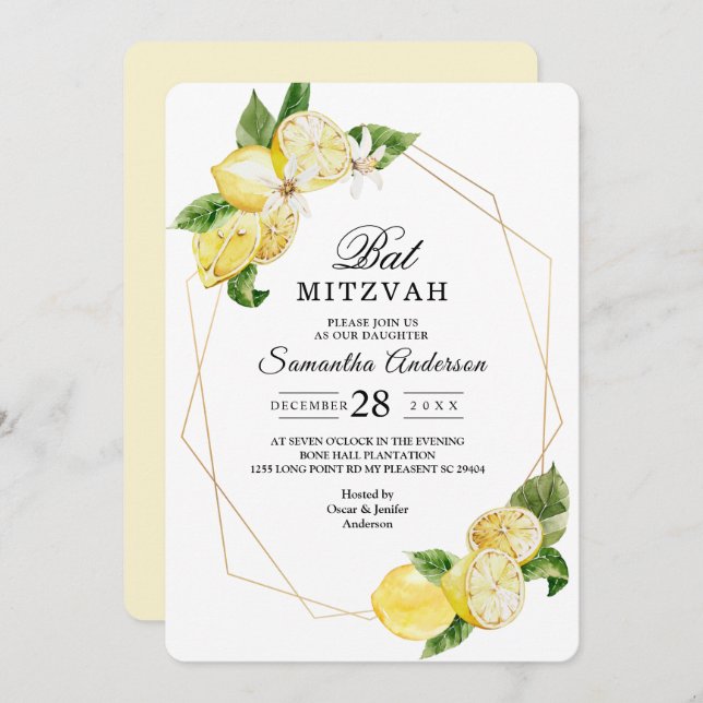 Modern Yellow Lemons & Gold Frame Beauty Invitation (Front/Back)