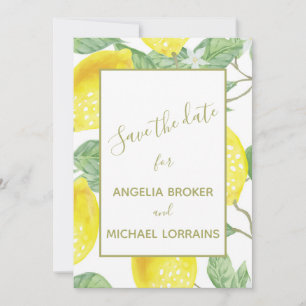 Modern Yellow Lemons & Green Foliage Wedding Photo Save The Date